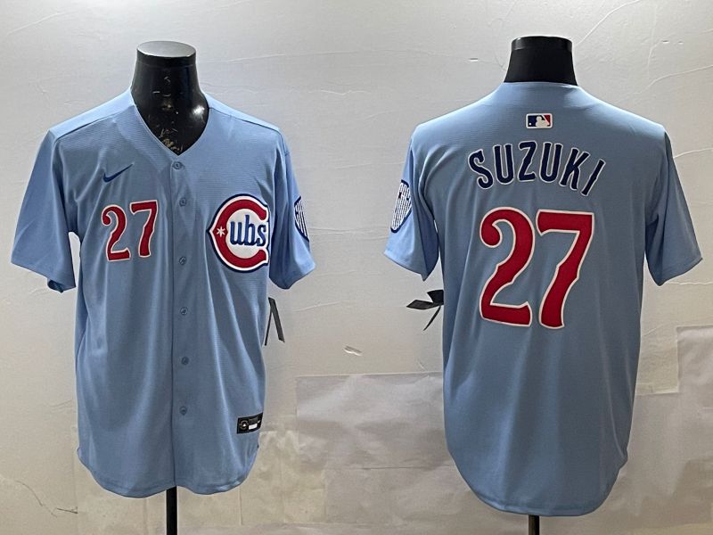 Men Chicago Cubs #27 Suzuki Light Blue Throwback 2025 Nike MLB Jersey style 1->chicago cubs->MLB Jersey